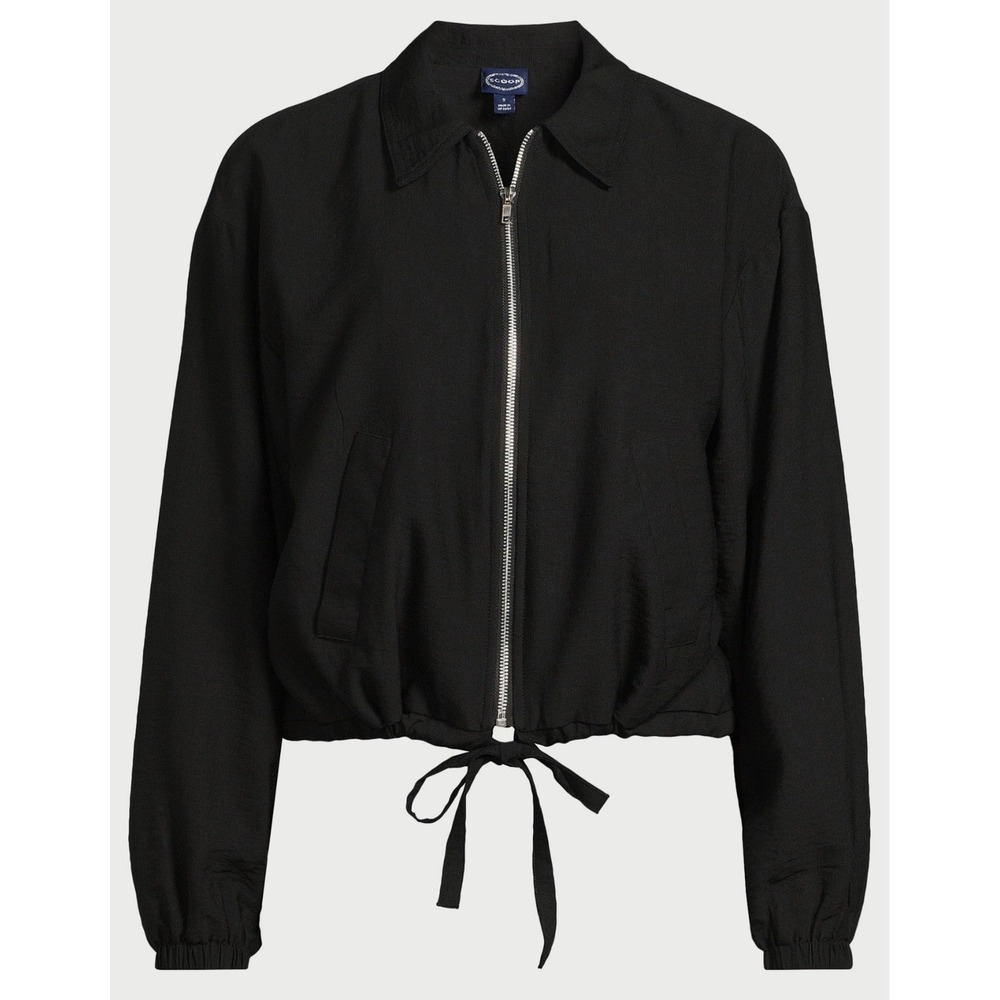 SCOOP Black Cropped windbreaker Bomber‎ Zip Up Jacket Drawstring Waist Womens XS